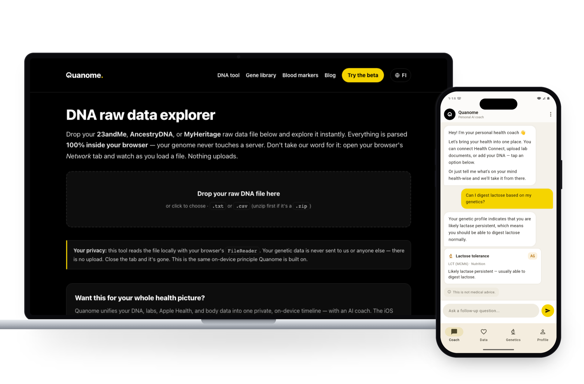 Quanomen DNA Explorer läppärillä ja appin coach-näkymä puhelimella